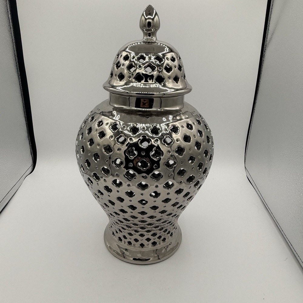 Silver Pierced Ceramic Ginger Jar 13" Lidded Temple Jar Hollywood Regency
